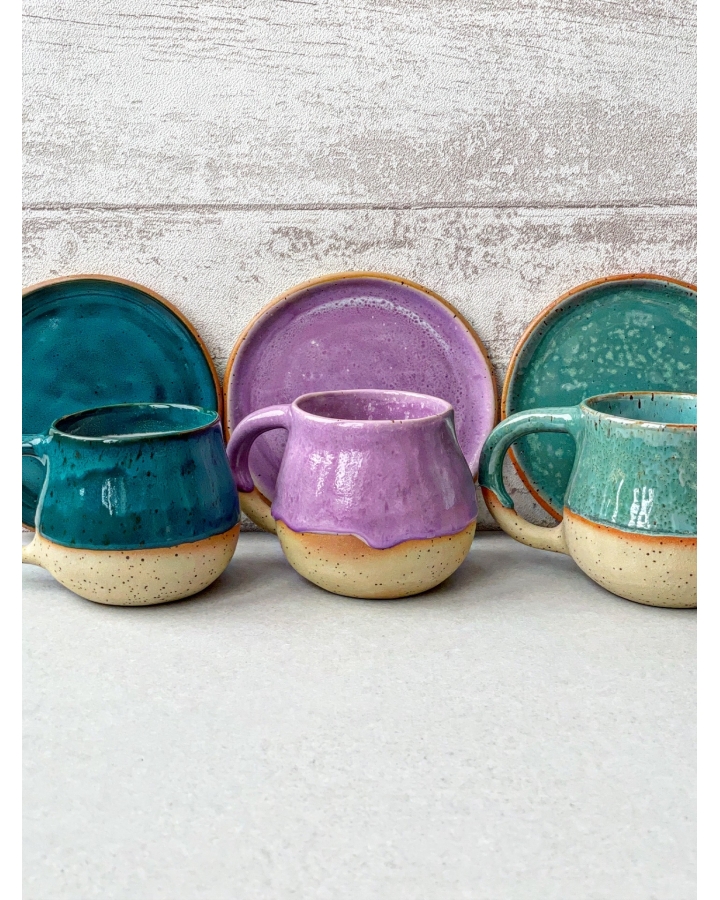 Komplet ceramiczny LILA DOTS (kubek 340 ml + talerzyk 14 cm)