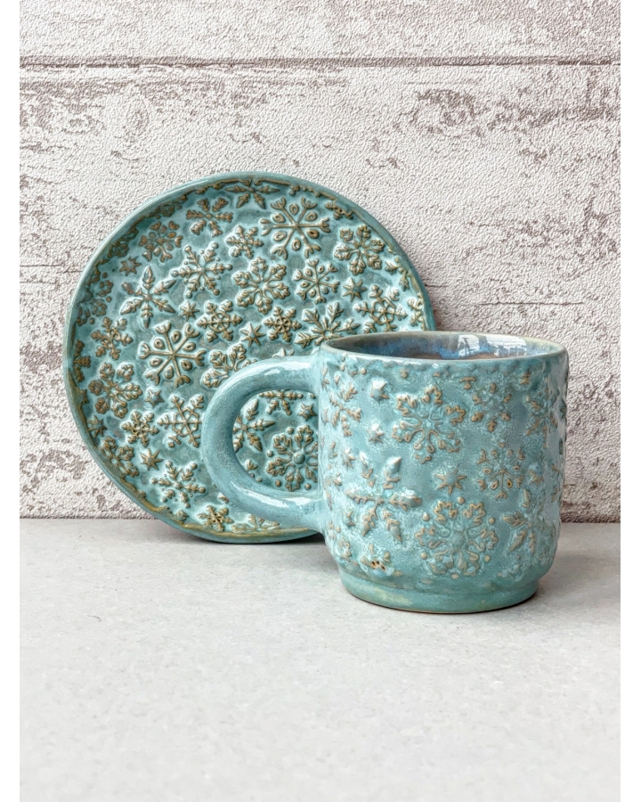 Komplet ceramiczny BLUE SNOW (kubek 210 ml + talerzyk 13,5 cm)