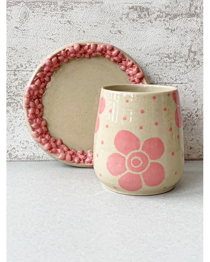 Komplet ceramiczny KWIATKI (czarka 240 ml + talerzyk 12.5 cm)