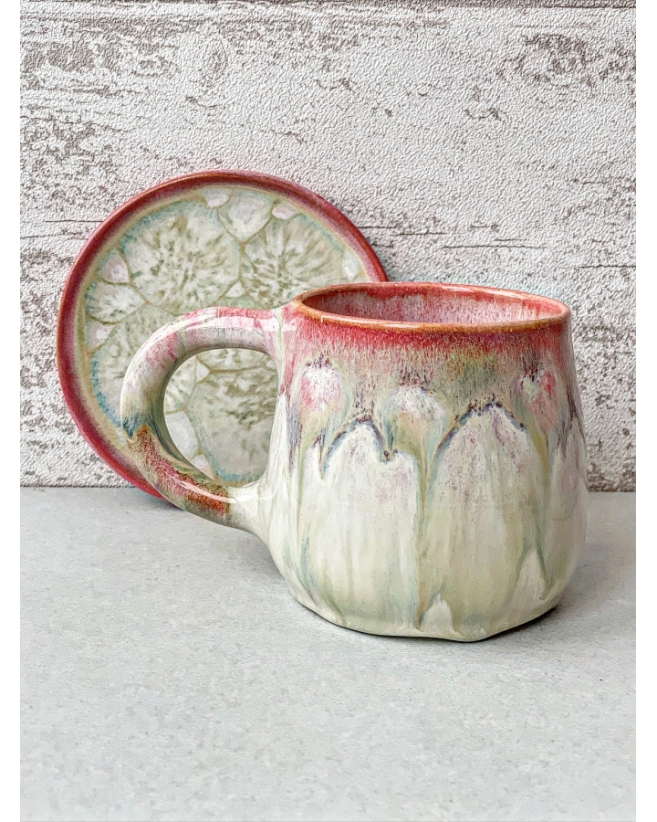 Komplet ceramiczny PINK DRAGON (kubek 340 ml + talerzyk 11,5 cm)