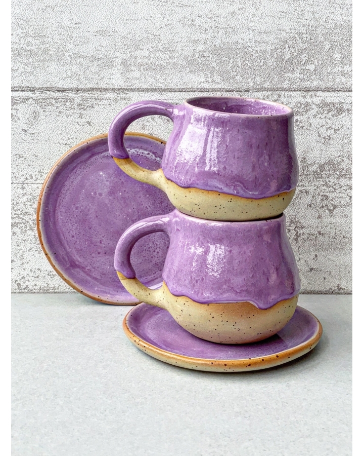 Komplet ceramiczny LILA DOTS (kubek 340 ml + talerzyk 14 cm)