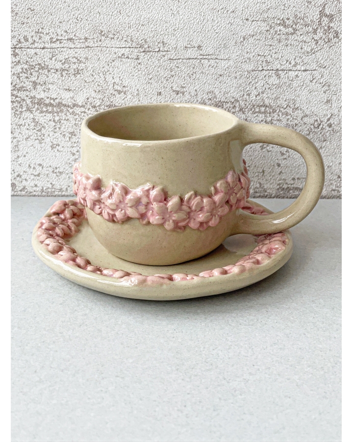 Komplet ceramiczny KWIATKI (kubek 180 ml + talerzyk 13 cm)