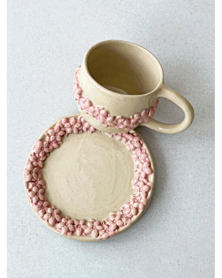 Komplet ceramiczny KWIATKI (kubek 180 ml + talerzyk 13 cm)
