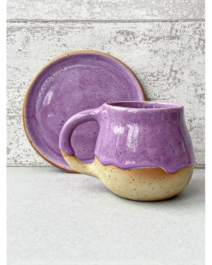 Komplet ceramiczny LILA DOTS (kubek 340 ml + talerzyk 14 cm)