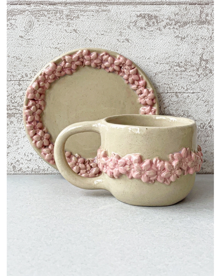 Komplet ceramiczny KWIATKI (kubek 180 ml + talerzyk 13 cm)