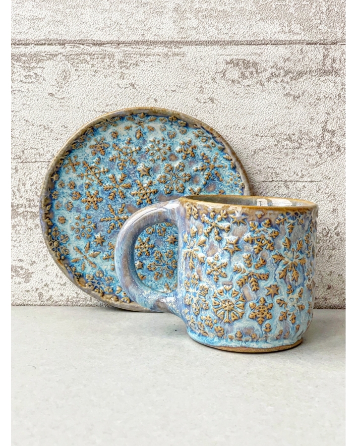Komplet ceramiczny BLUE SNOW (kubek 210 ml + talerzyk 13 cm)