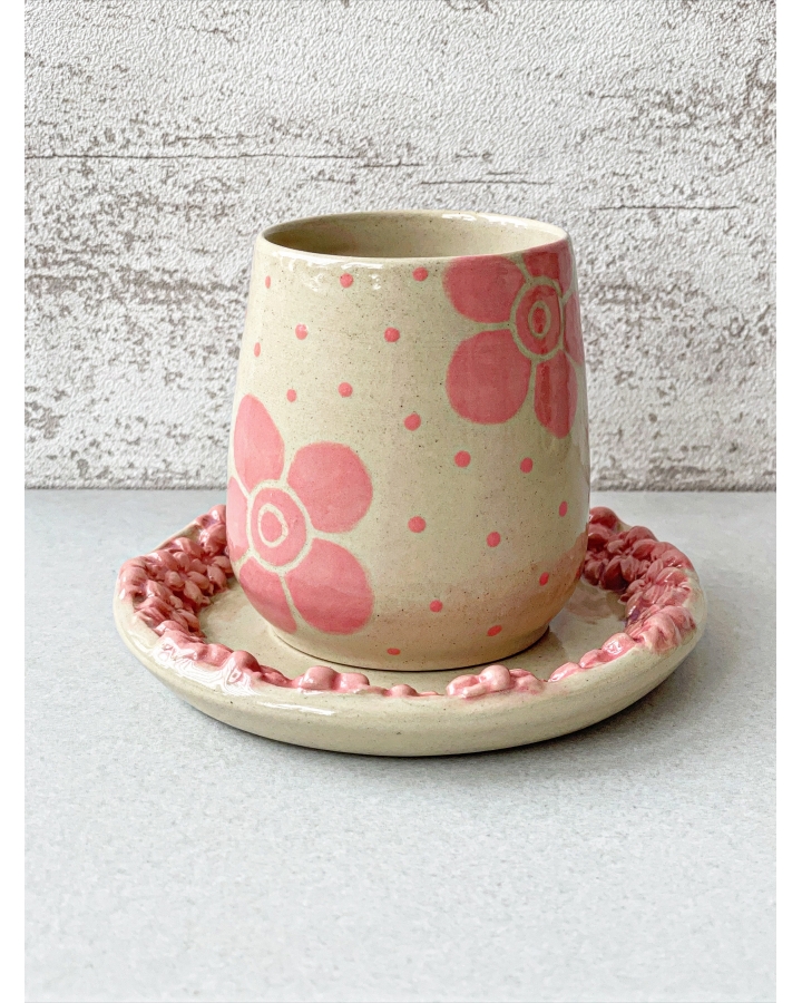 Komplet ceramiczny KWIATKI (czarka 240 ml + talerzyk 12.5 cm)