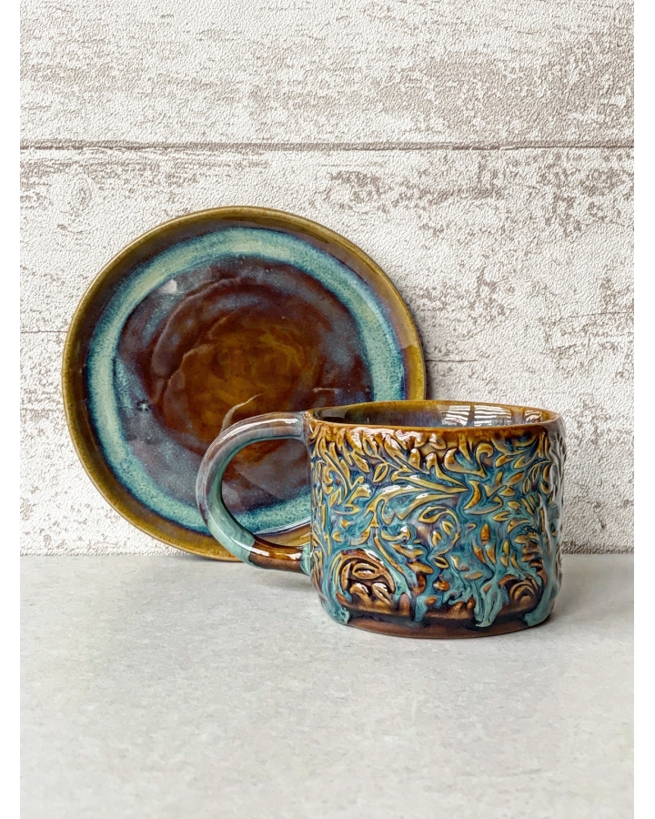 Komplet ceramiczny VINTAGE FLORAL (kubek 280 ml + talerzyk 15 cm)