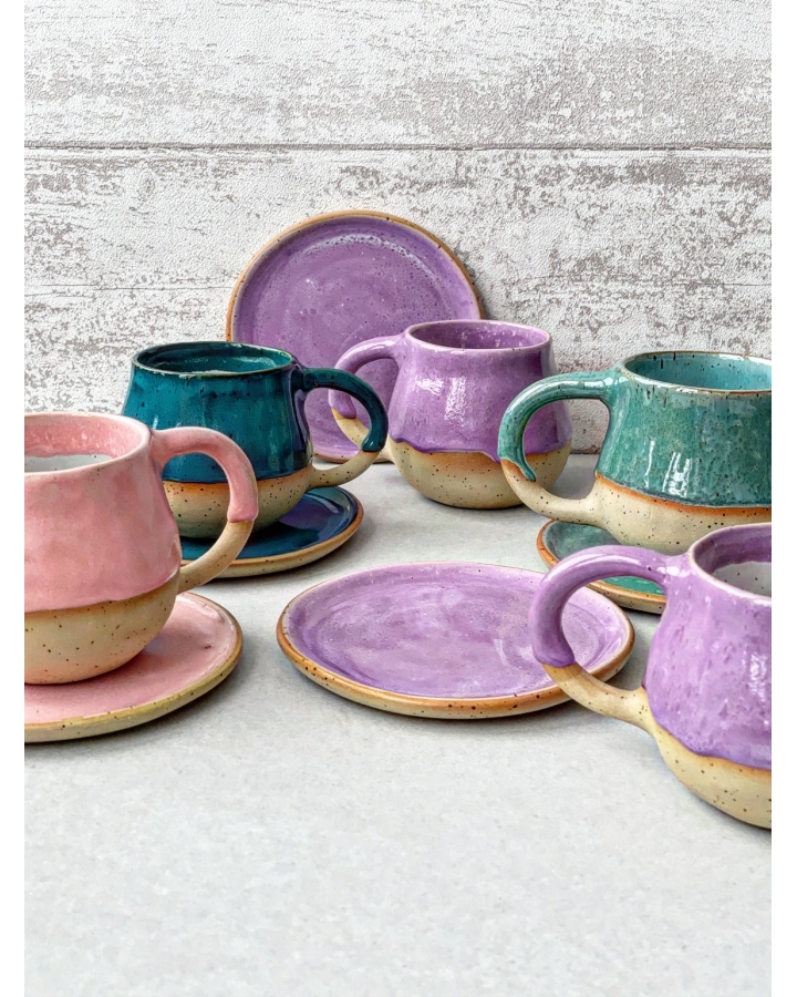 Komplet ceramiczny LILA DOTS (kubek 340 ml + talerzyk 14 cm)