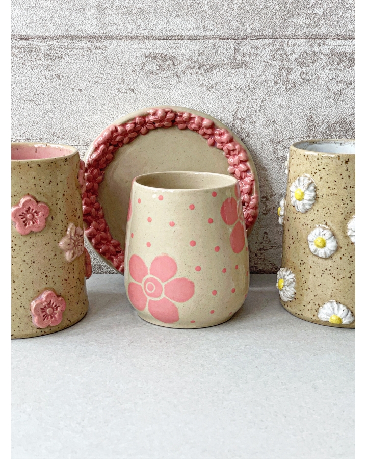 Komplet ceramiczny KWIATKI (czarka 240 ml + talerzyk 12.5 cm)