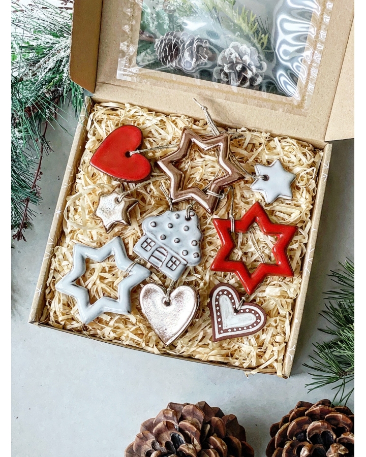 Box świąteczny MIX (9 ceramicznych ozdób choinkowych)
