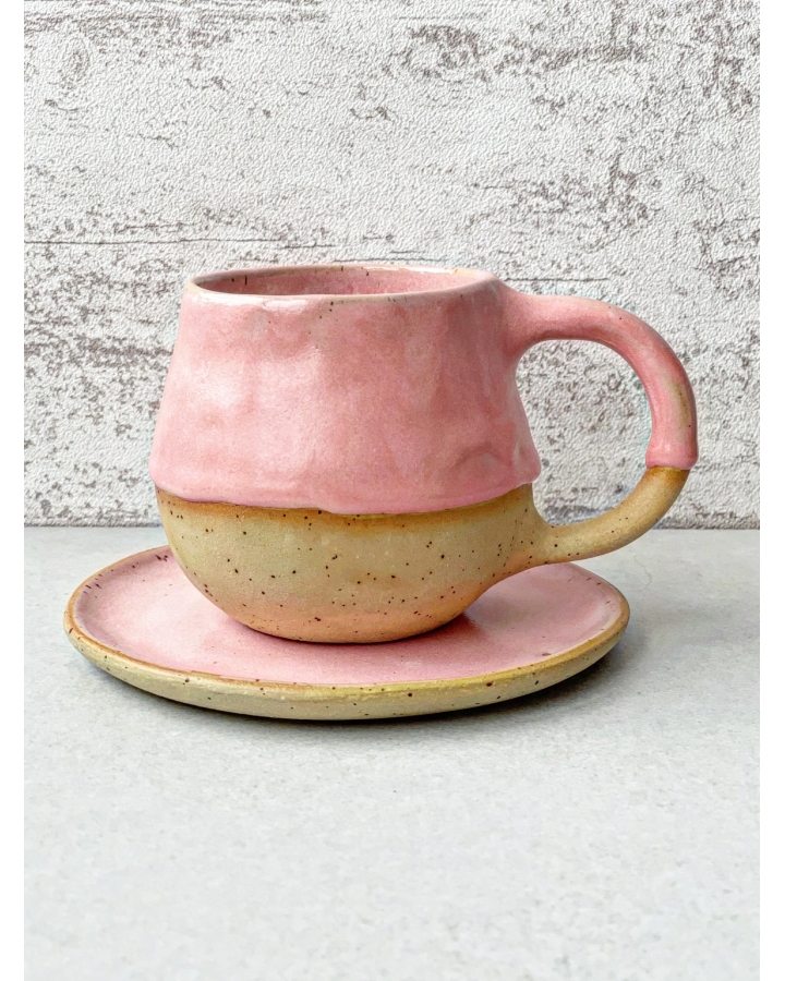 Komplet ceramiczny PINK DOTS (kubek 330 ml + talerzyk 13,5 cm)