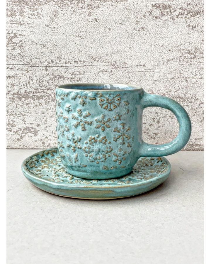 Komplet ceramiczny BLUE SNOW (kubek 210 ml + talerzyk 13,5 cm)