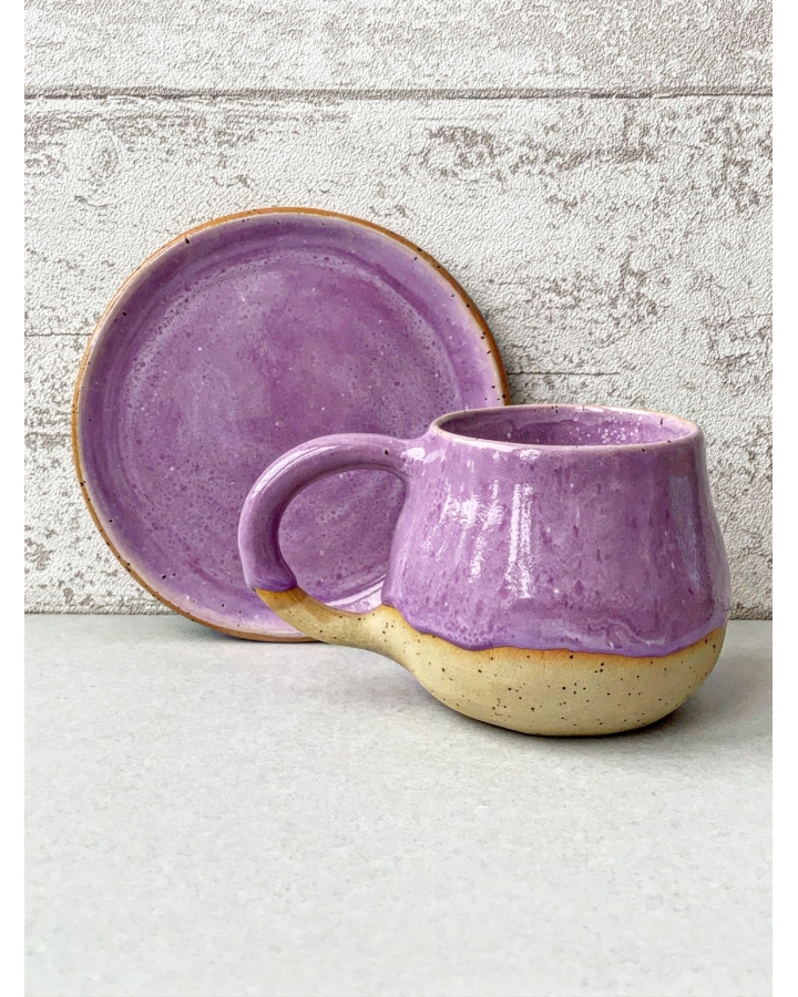 Komplet ceramiczny LILA DOTS (kubek 300 ml + talerzyk 14 cm)