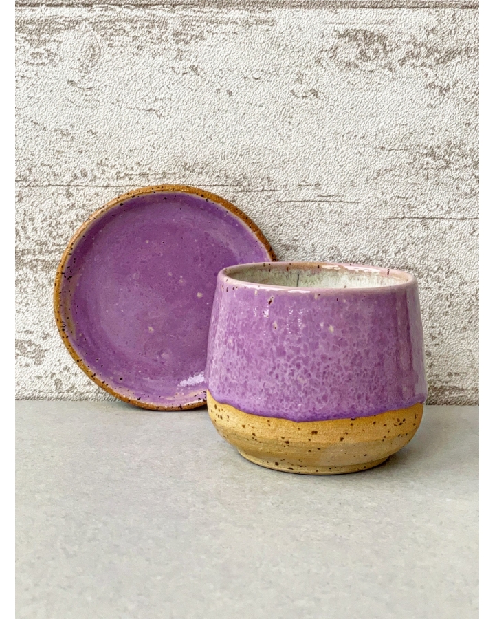 Komplet ceramiczny LILA DOTS (czarka 200 ml + talerzyk 9,5 cm)