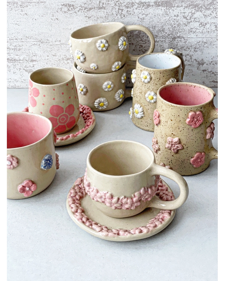 Komplet ceramiczny KWIATKI (kubek 180 ml + talerzyk 13 cm)