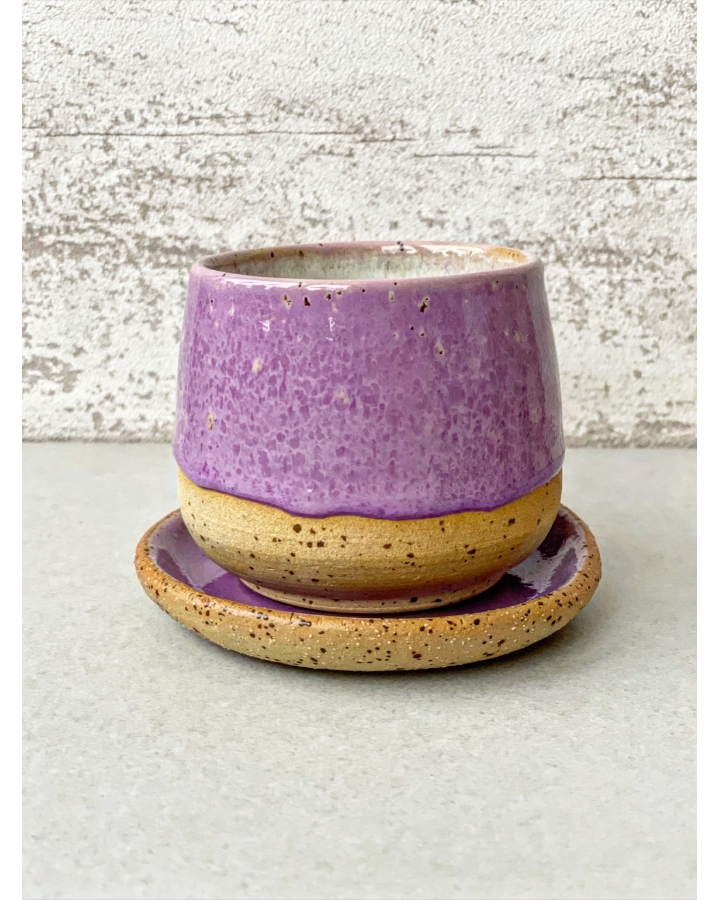 Komplet ceramiczny LILA DOTS (czarka 200 ml + talerzyk 9,5 cm)