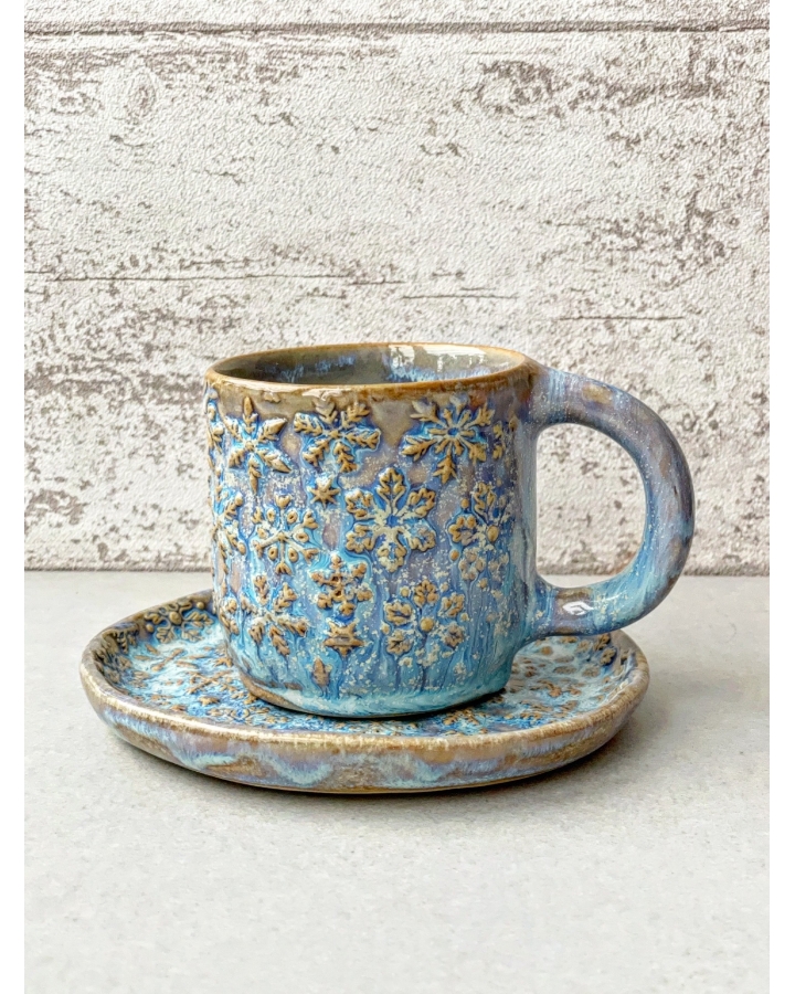 Komplet ceramiczny BLUE SNOW (kubek 210 ml + talerzyk 13 cm)