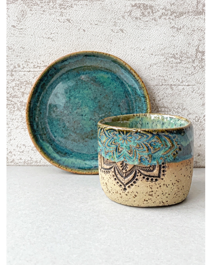 Komplet ceramiczny SEA MANDALA (kubek 150 ml + talerzyk 11,5 cm)