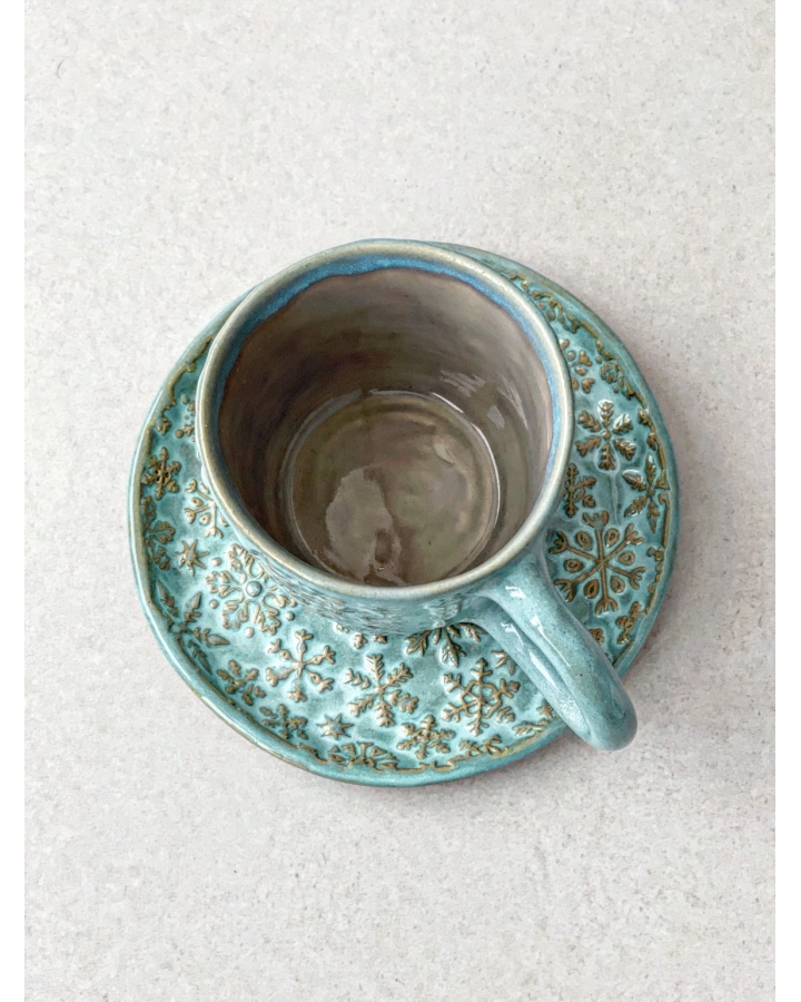 Komplet ceramiczny BLUE SNOW (kubek 210 ml + talerzyk 13,5 cm)