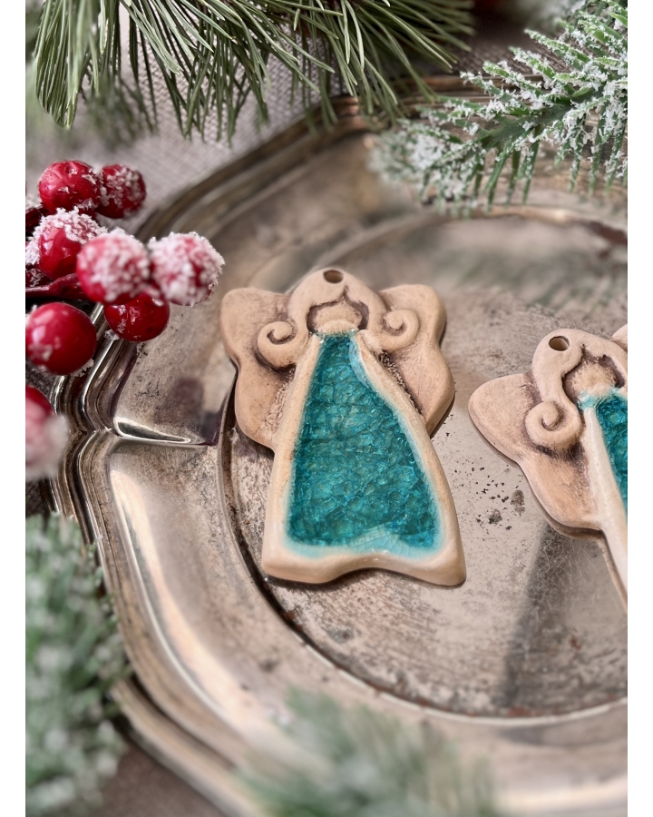 Ceramiczna zawieszka choinkowa ANIOŁEK TURKUSOWY