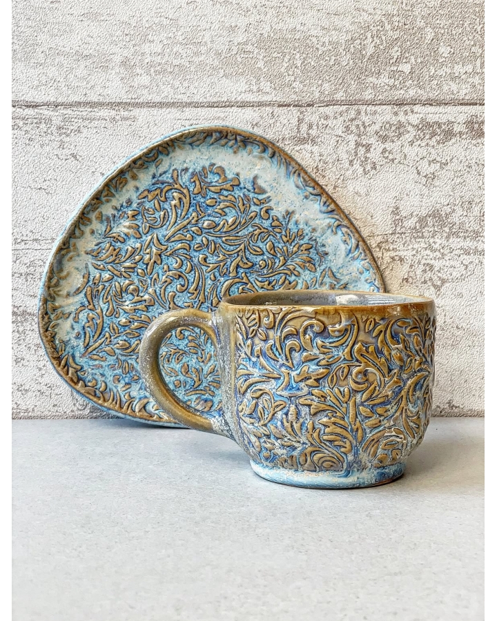 Komplet ceramiczny BLUE FLORAL (kubek 320 ml + talerz 19 cm x 16 cm)