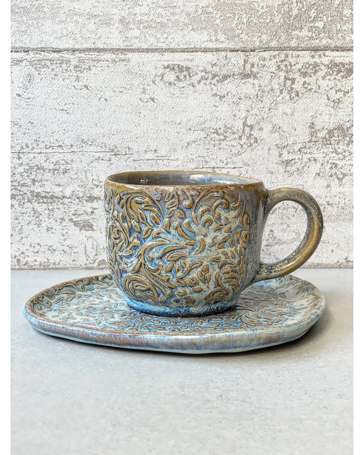 Komplet ceramiczny BLUE FLORAL (kubek 320 ml + talerz 19 cm x 16 cm)