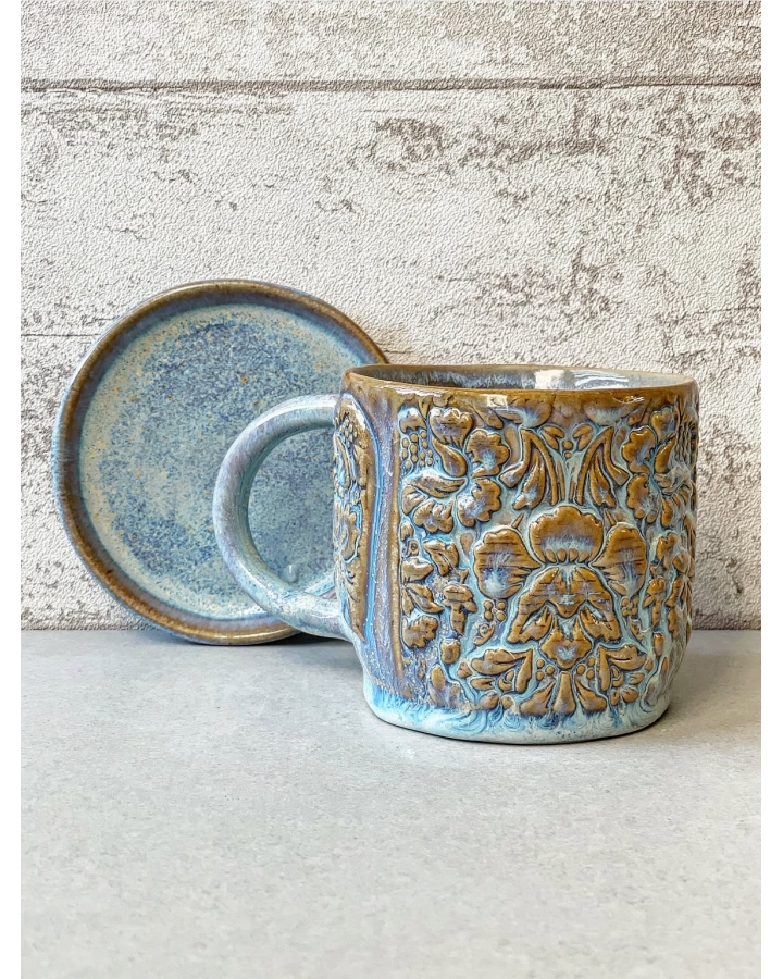 Komplet ceramiczny BLUE FLOWERS (kubek 370 ml + talerz 11cm)