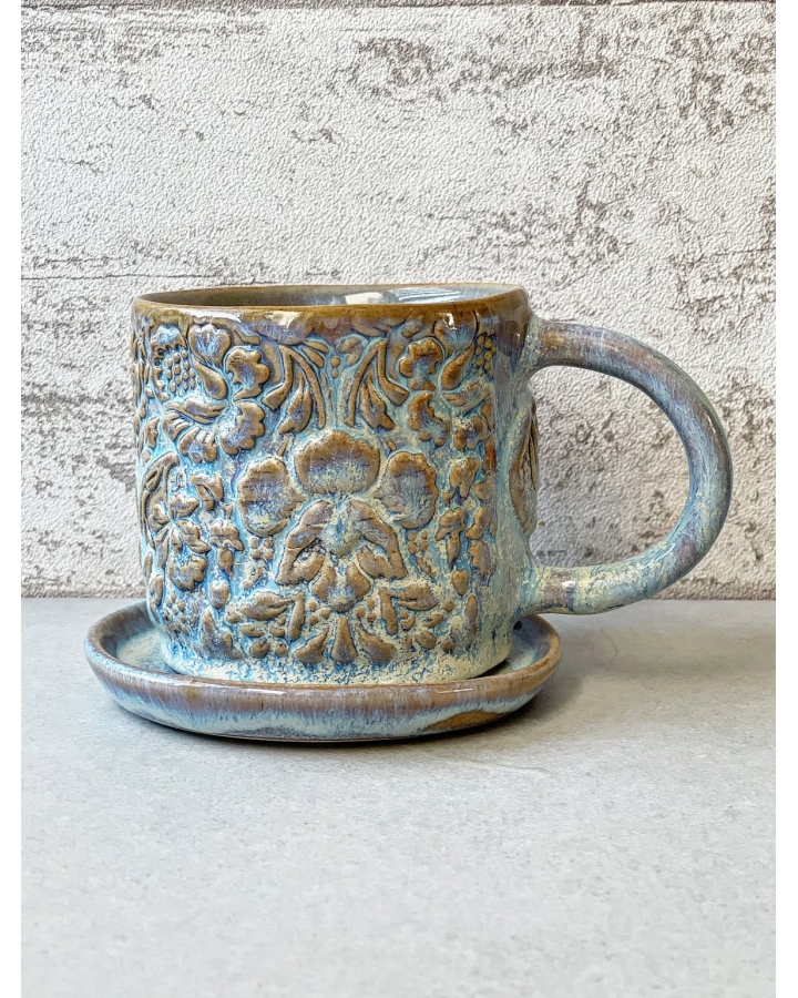 Komplet ceramiczny BLUE FLOWERS (kubek 370 ml + talerz 11cm)