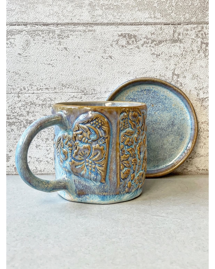 Komplet ceramiczny BLUE FLOWERS (kubek 370 ml + talerz 11cm)