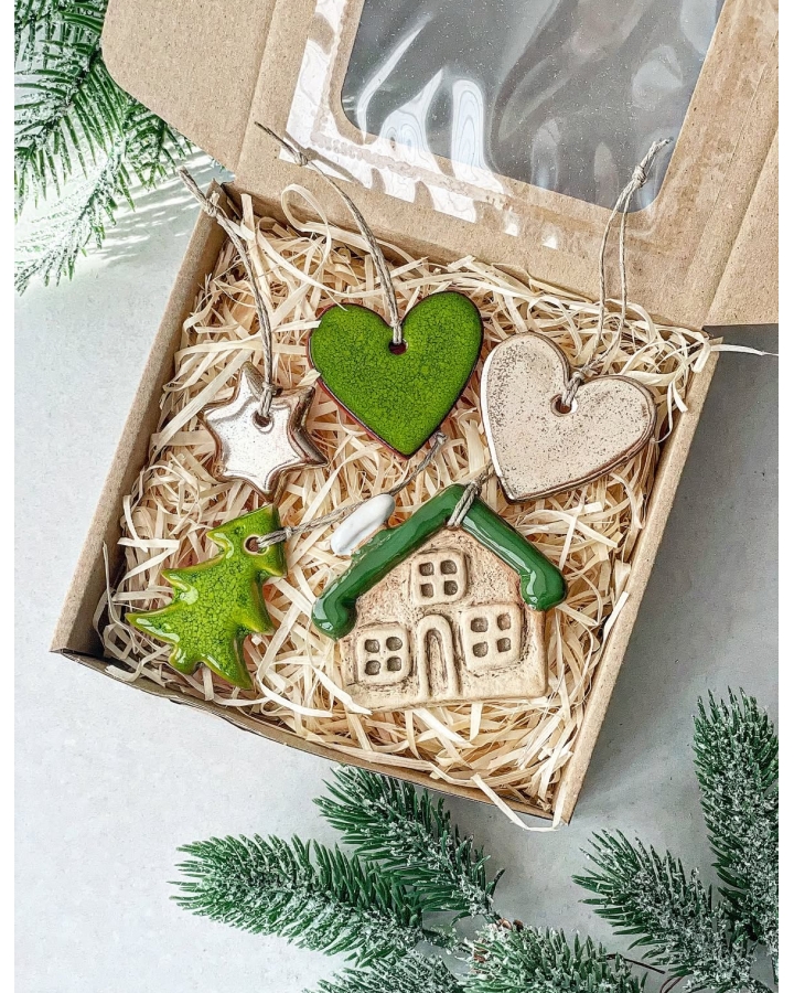 Box świąteczny GREEN mały (5 ceramicznych ozdób choinkowych)