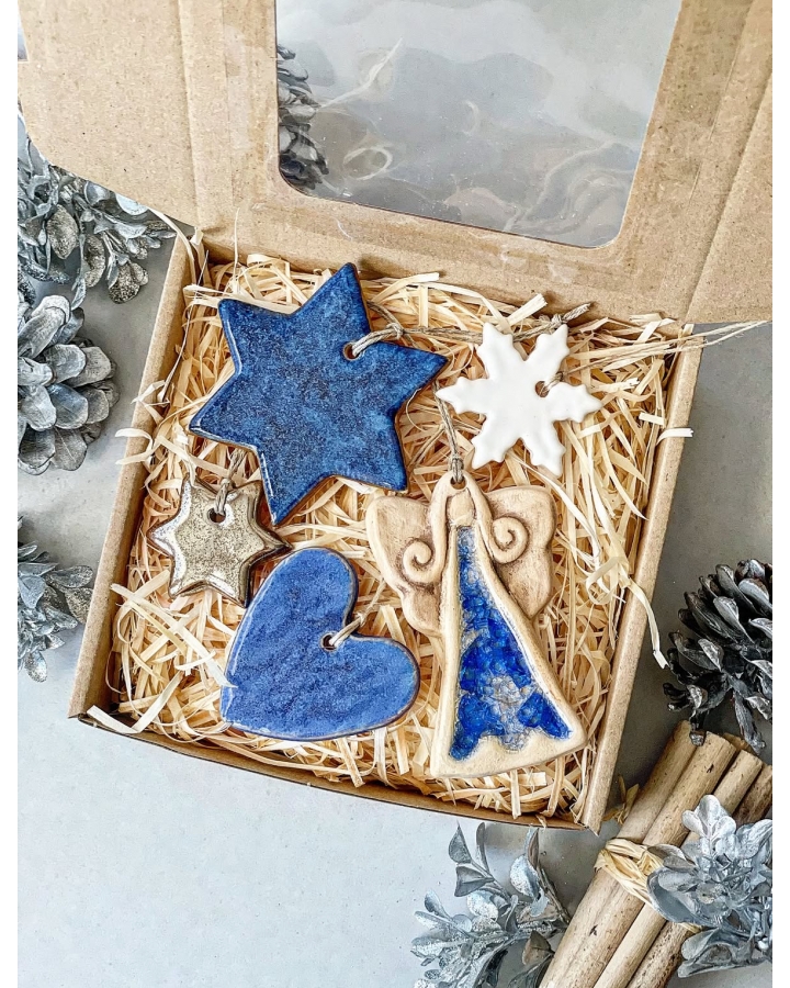 Box świąteczny BLUE mały (5 ceramicznych ozdób choinkowych)