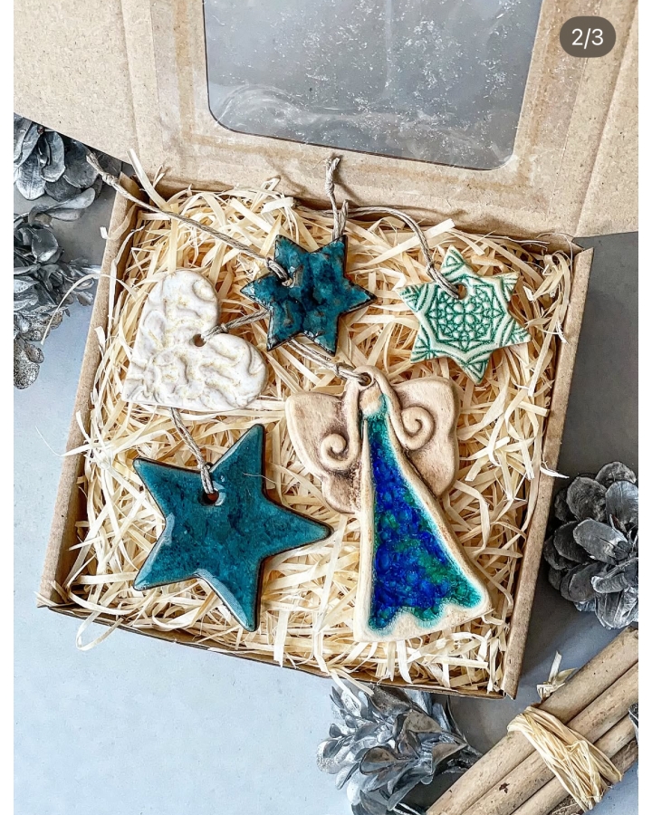 Box świąteczny BLUE mały (5 ceramicznych ozdób choinkowych)